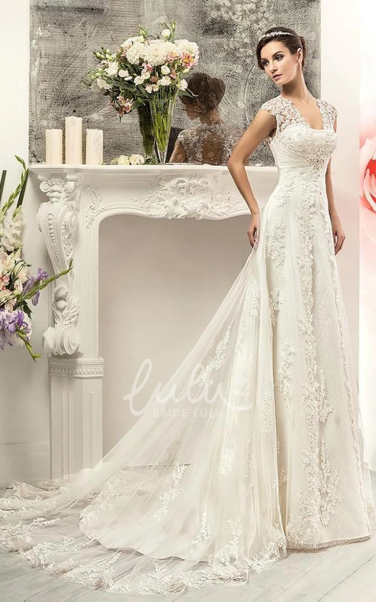 Sweetheart A-Line Mini Wedding Dress with Bell Cap Sleeves Beading and Appliques Court Train and Lace-Up Back
