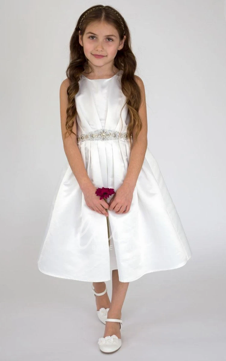 Sequin Satin Flower Girl Dress Tea-Length with Pleats and Tiers