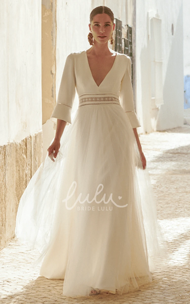 Bohemian Tulle Satin A-Line Wedding Dress with V-neck
