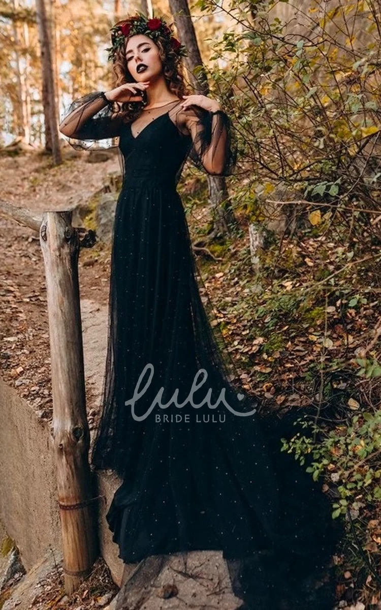 Spaghetti A-line Satin Unique Black V-neck Wedding Dress with Mesh Sequin Illusion Long Sleeve