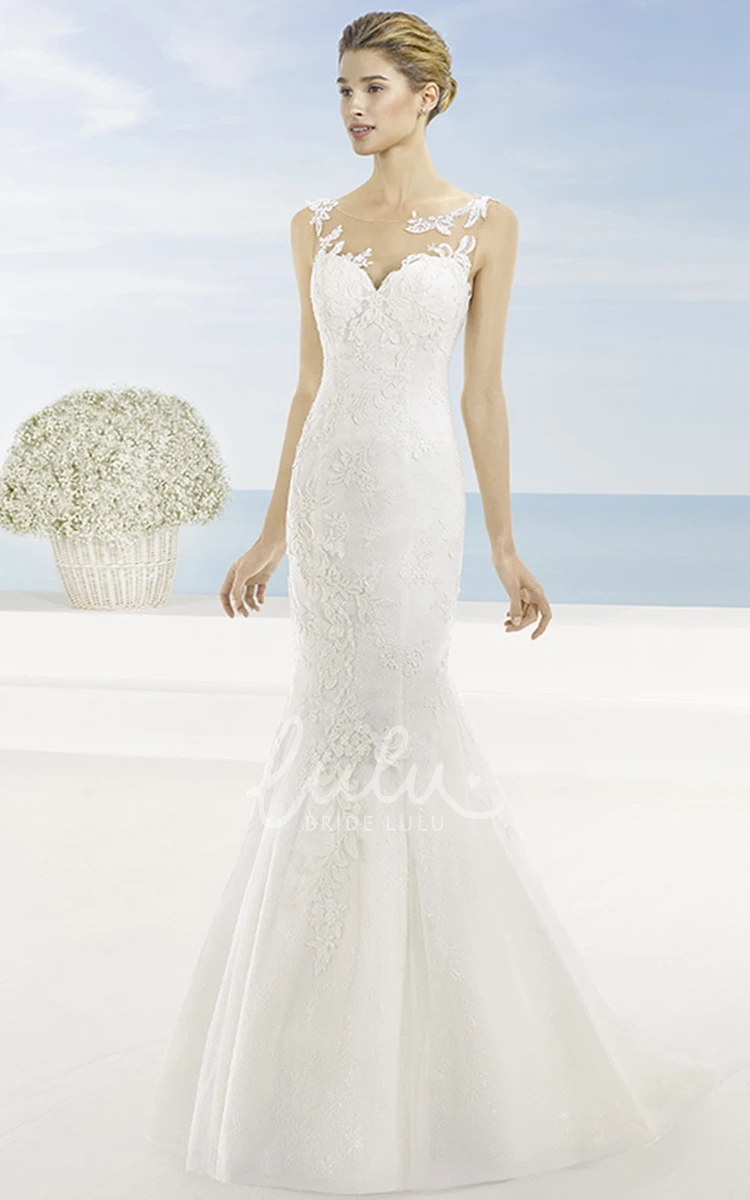 Trumpet Appliqued Sleeveless Lace Wedding Dress with Court Train and Illusion Back Modern Bridal Gown