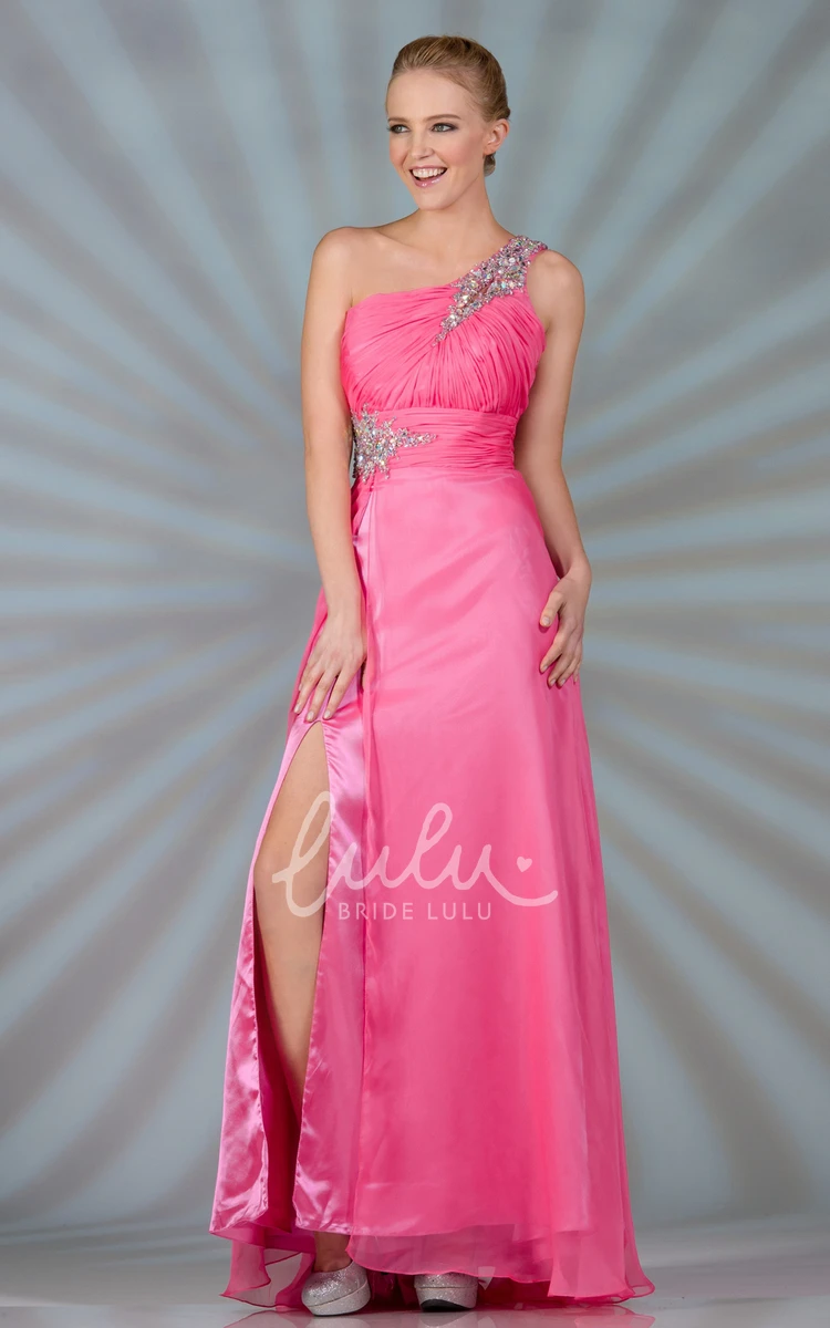 One-Shoulder Sleeveless Satin Dress with Split Front and Beading Sheath Maxi Style