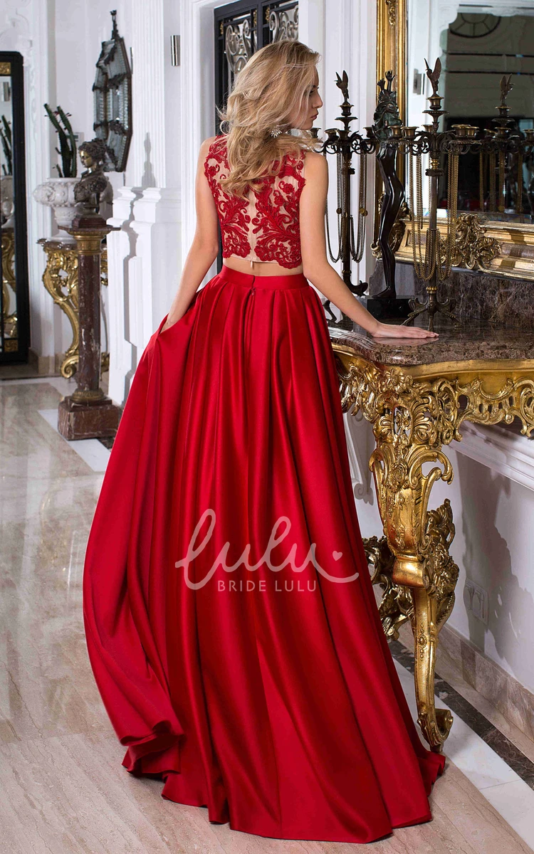 Sleeveless Satin Prom Dress with Jewel Neck Appliques and Illusion Back