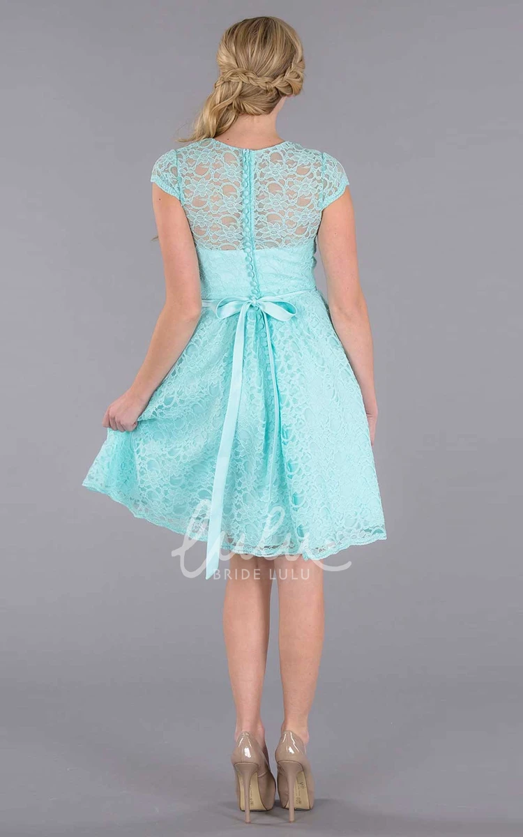 Ribboned Cap Sleeve Lace Bridesmaid Dress Mini V-Neck Style