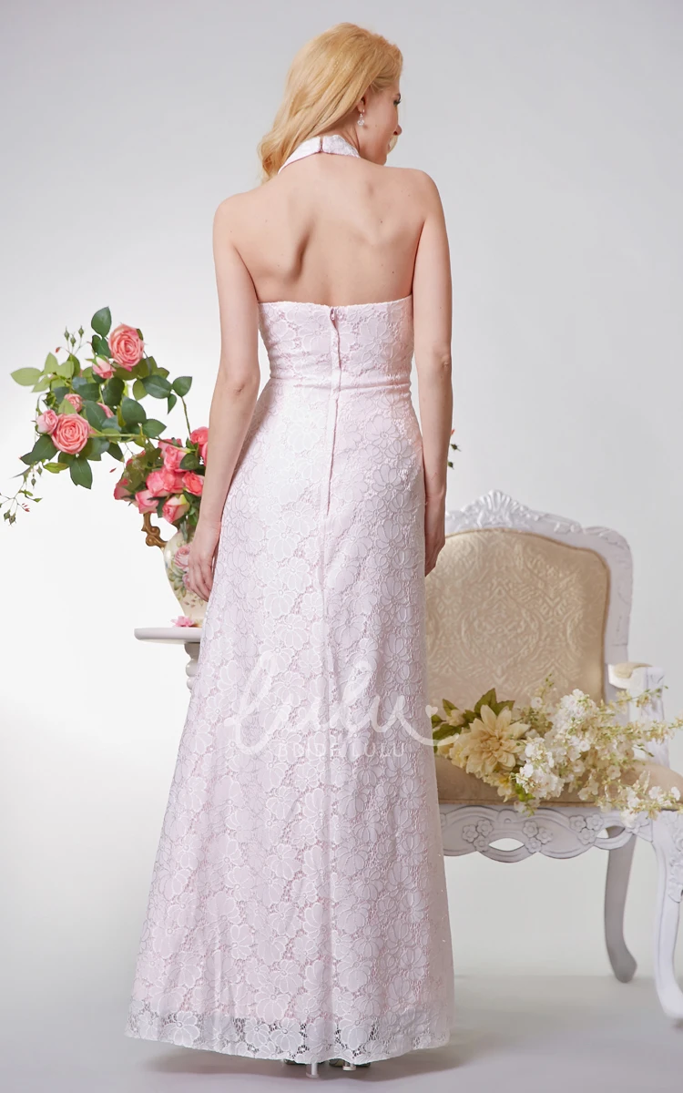 Long Halter Lace Dress with Ruching and Flower Detail for Prom