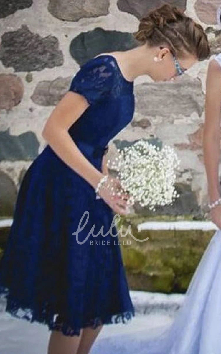 Short-sleeved Knee-length A-line Lace Dress with Pleats Classy Bridesmaid Dress