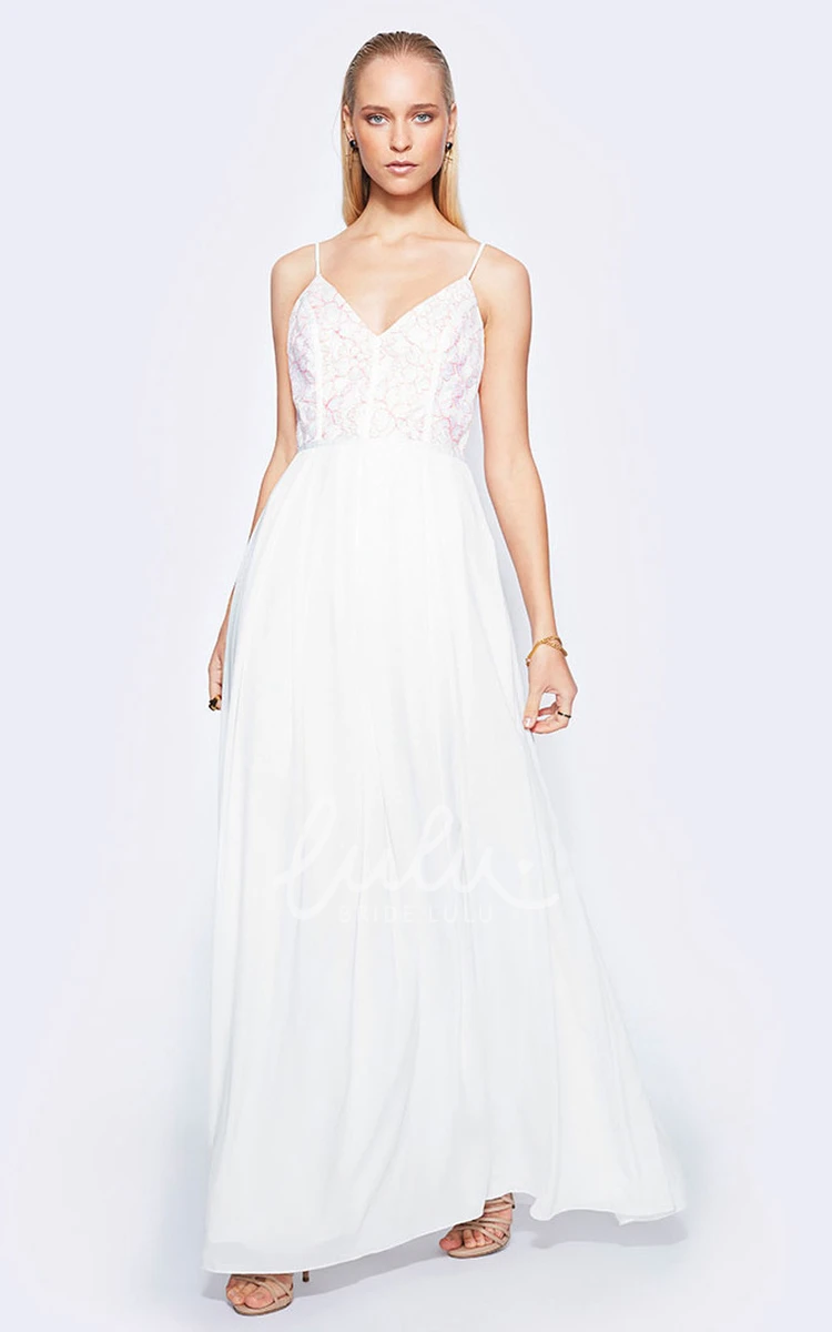 V-Back Spaghetti Lace Chiffon Wedding Dress in Ankle-Length