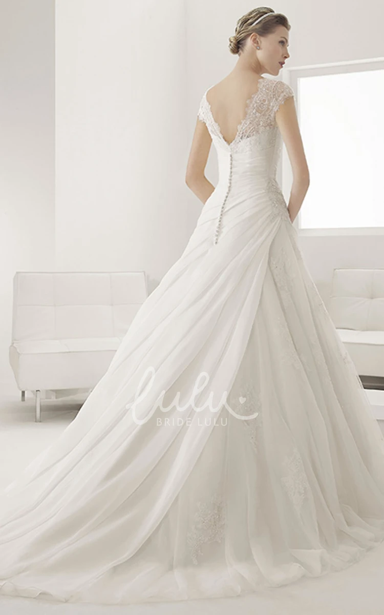 Cap Sleeve Lace Bridal Gown with Bateau Neckline and V-Back