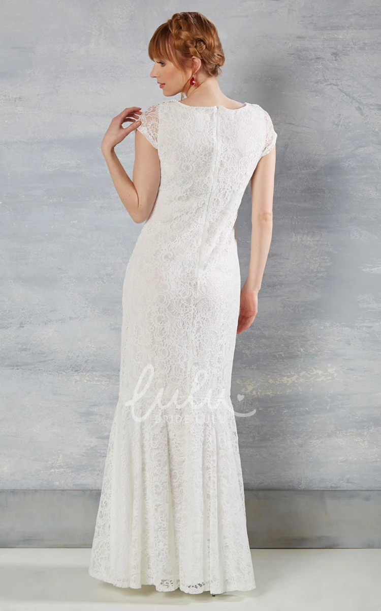 Lace Scoop-Neck Cap-Sleeve Trumpet Wedding Dress with Zipper Modern Bridal Gown