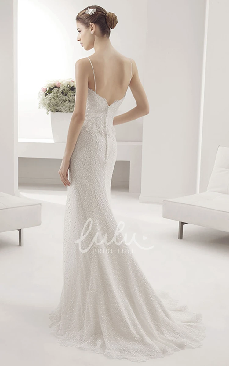 Lace Wedding Dress with Sweetheart Neckline Spaghetti Straps and Waist Flower