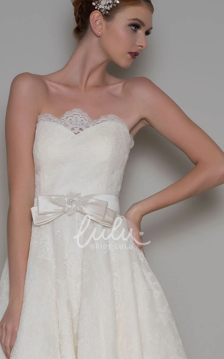Lace Strapless Ankle-Length A-Line Wedding Dress with Bow Elegant Bridal Gown