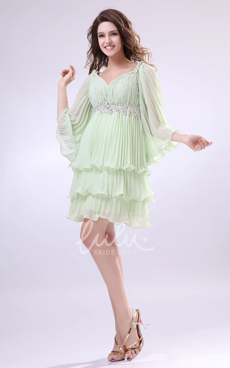 Chiffon Prom Dress with Beading and Tiers Cute Bell Sleeves and V-Neck