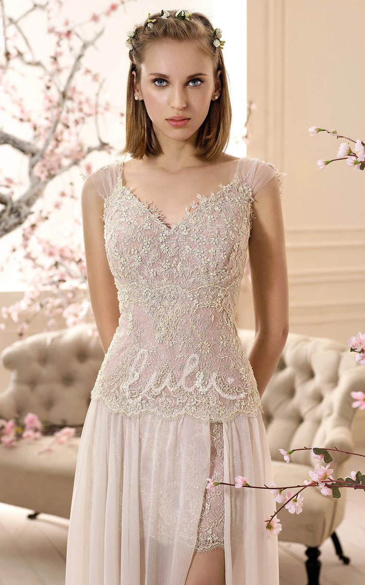 Sleeveless Lace Sheath Wedding Dress with Appliques and Split Front