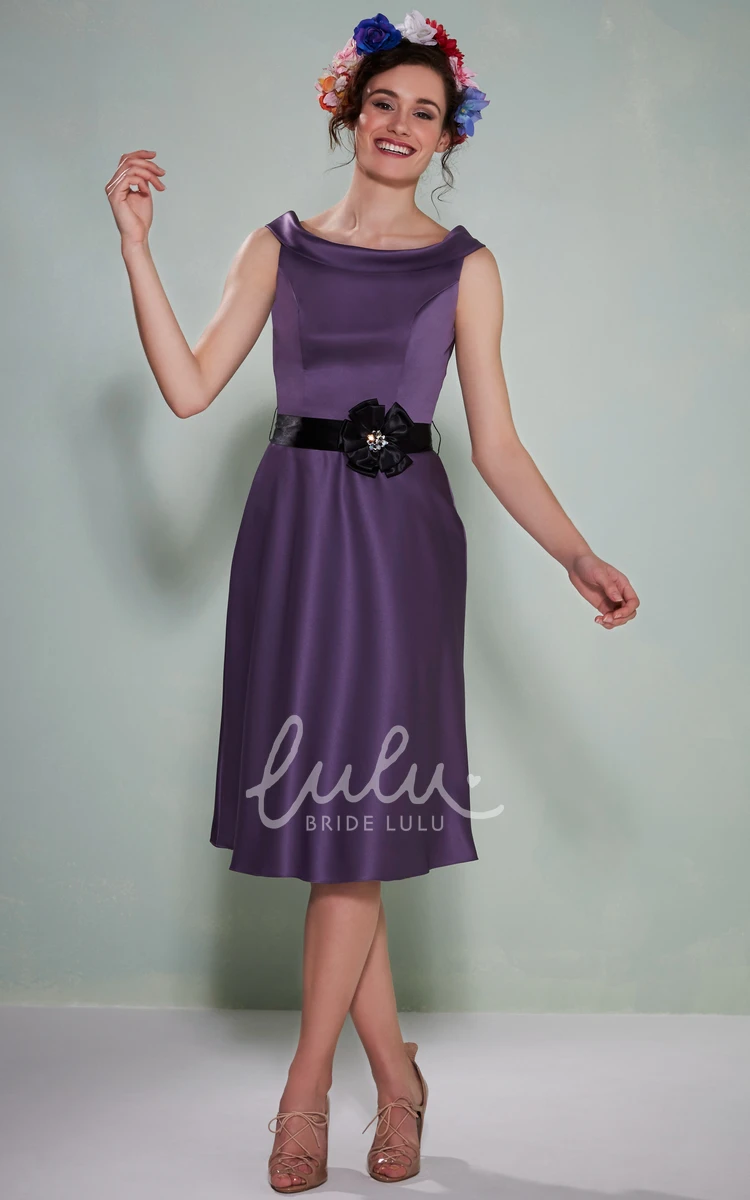 Floral Satin Tea-Length Bridesmaid Dress with Sash Elegant Bridesmaid Dress