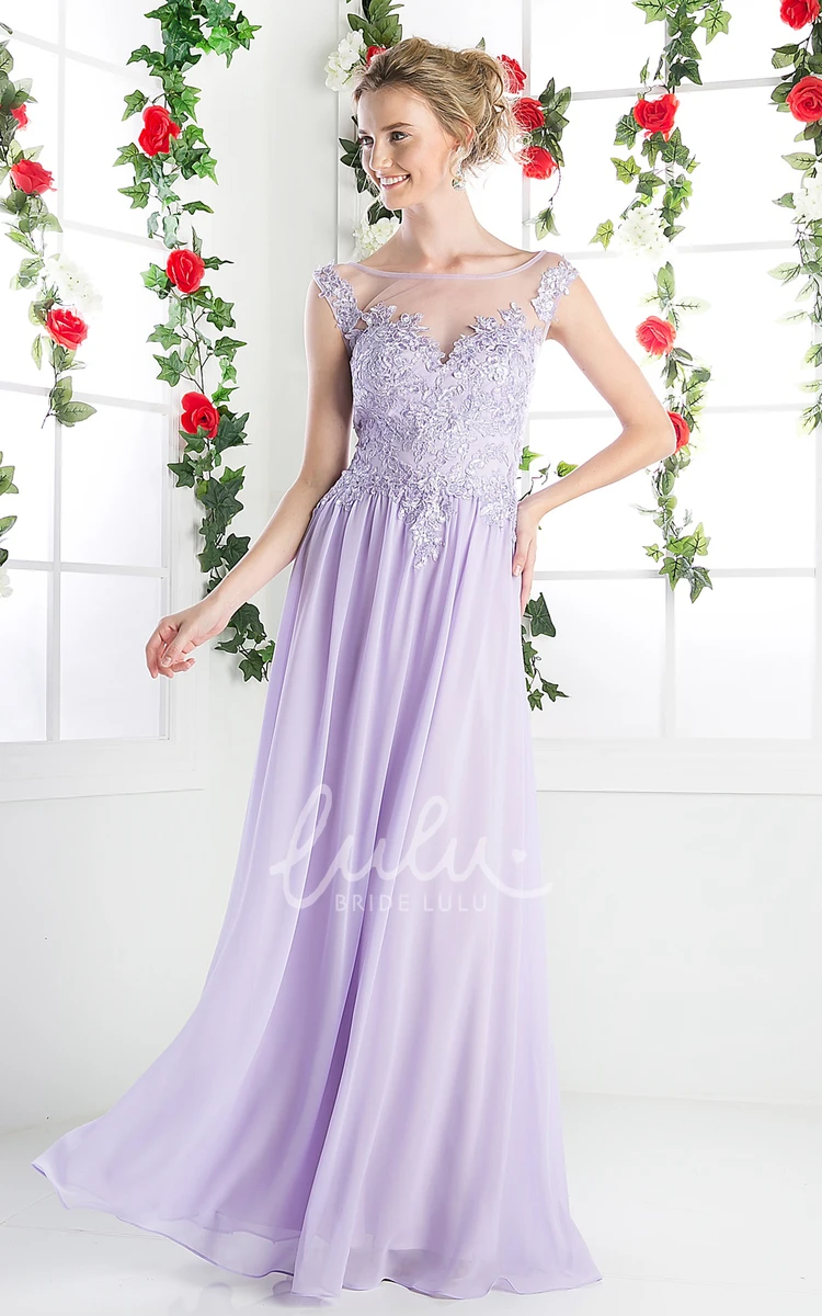 Scoop-Neck Sleeveless Sheath Dress with Appliques and Illusion in Chiffon Fabric