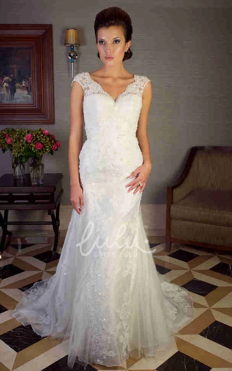 Trumpet Lace Wedding Dress with Cap-Sleeves and V-Neckline