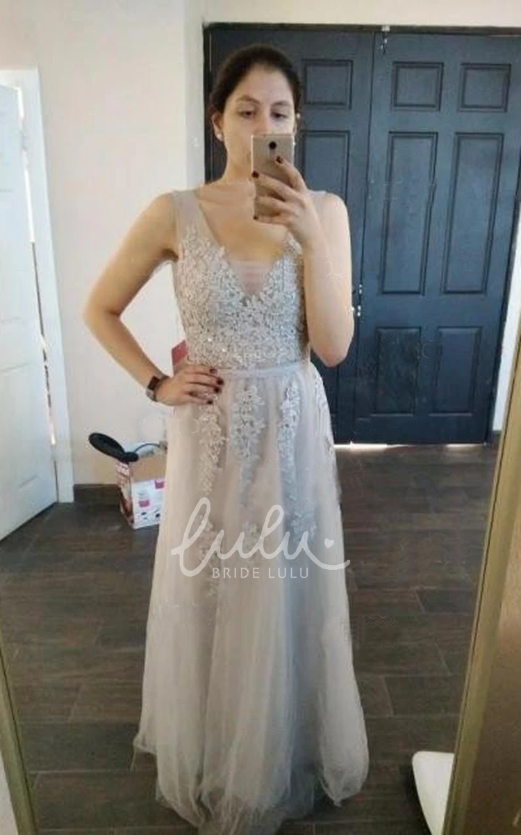 Sleeveless A-Line V-neck Lace Bridesmaid Dress Floor-length Flowy