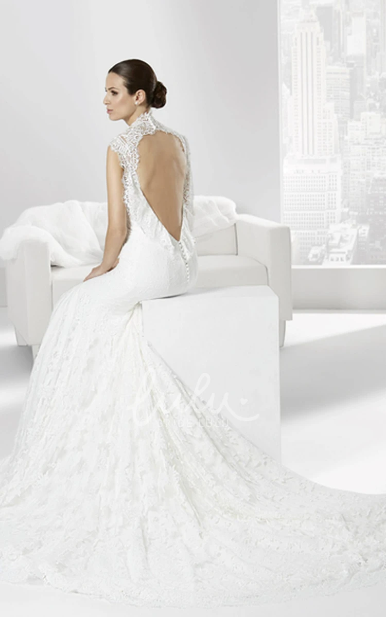 Floor-Length Queen-Anne Sheath Lace Wedding Dress with Appliques Unique Bridal Gown