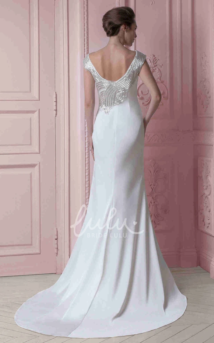 Beaded Cap-Sleeve Chiffon Wedding Dress with V-Back and Sweep Train