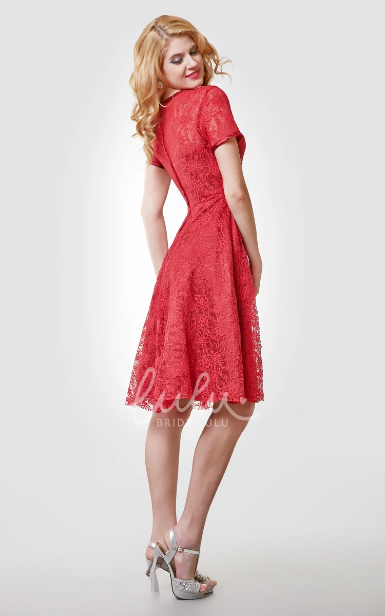Bateau Neckline Lace Dress A-Line with Short Sleeves and Knee Length