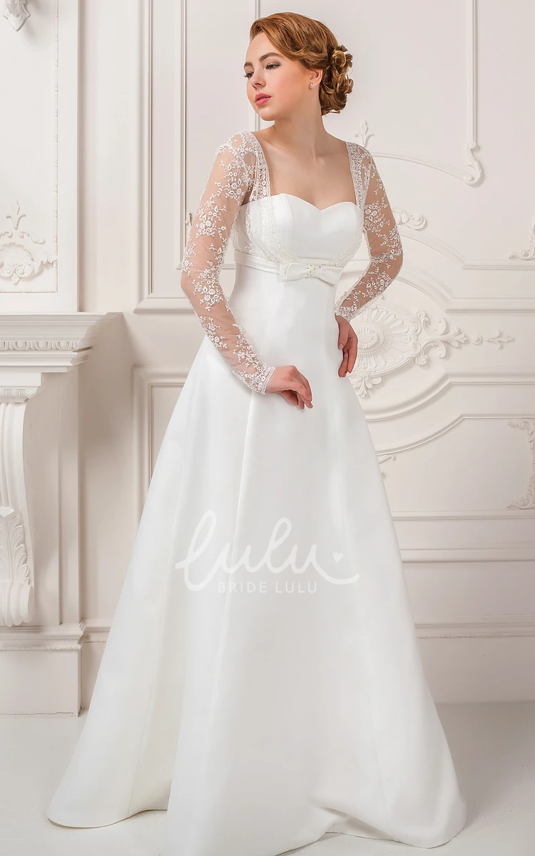 Lace Satin Long-Sleeve Wedding Dress Sheath Square-Neck with Bow