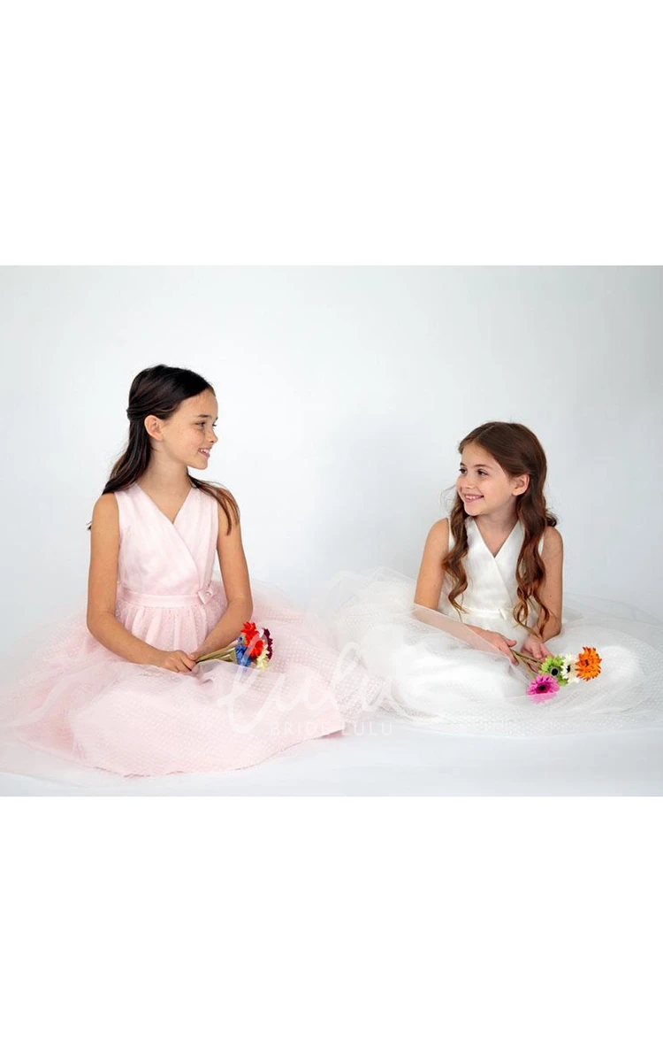 Tiered Tulle & Satin Flower Girl Dress Tea-Length V-Neck