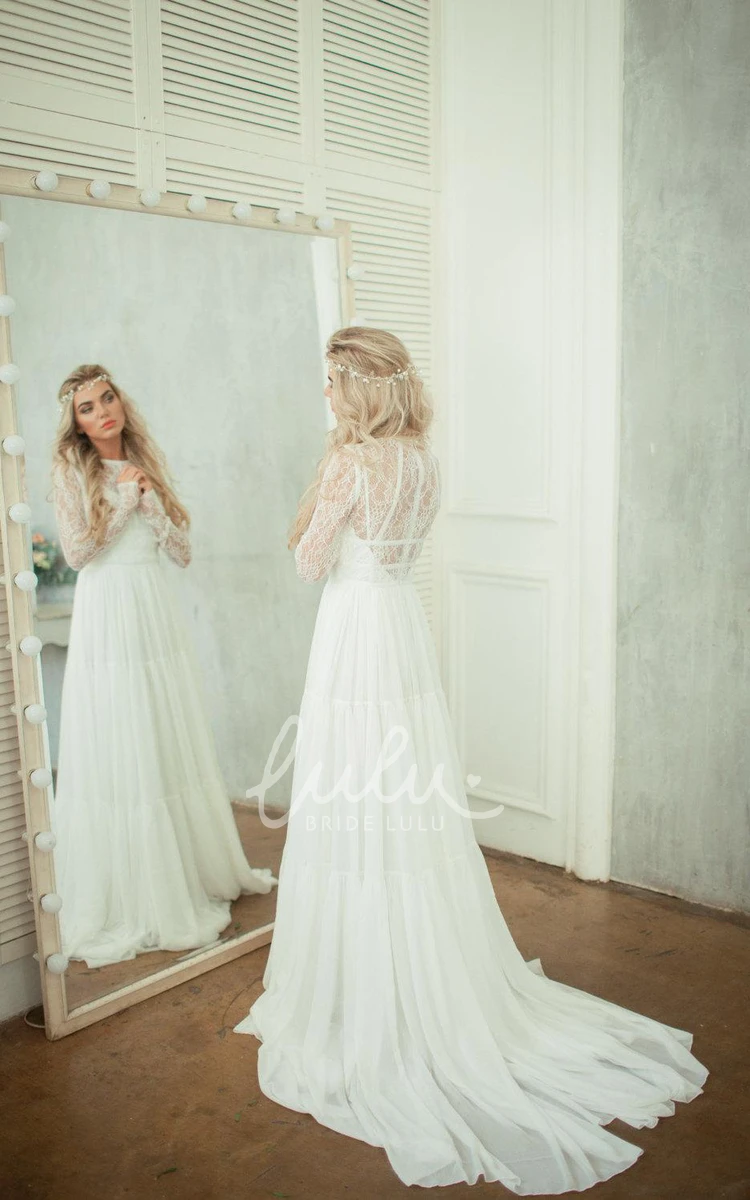 Lace Bodice Chiffon A-Line Wedding Dress with Long Sleeves