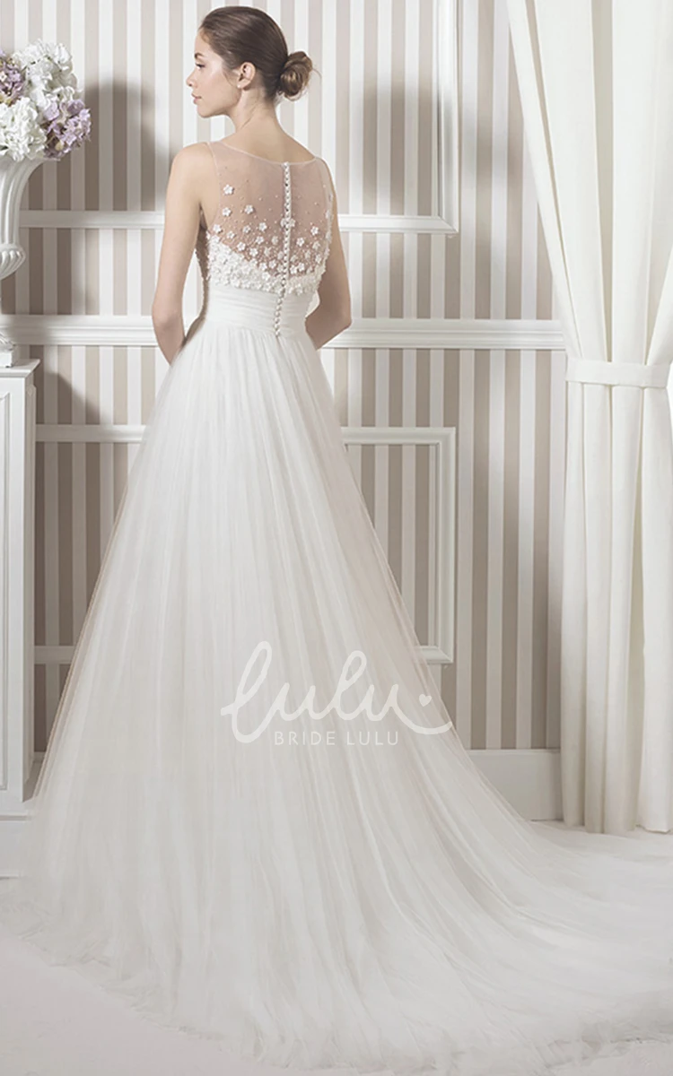 Floral Tulle A-Line Wedding Dress with Bateau Neckline and Illusion Back