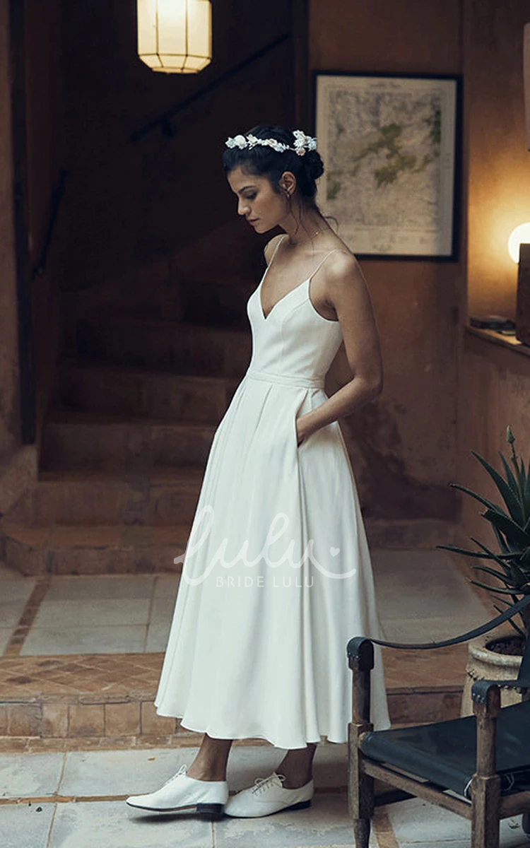 Ankle-Length Chiffon Bridal Gown with Pockets and Deep-V Back