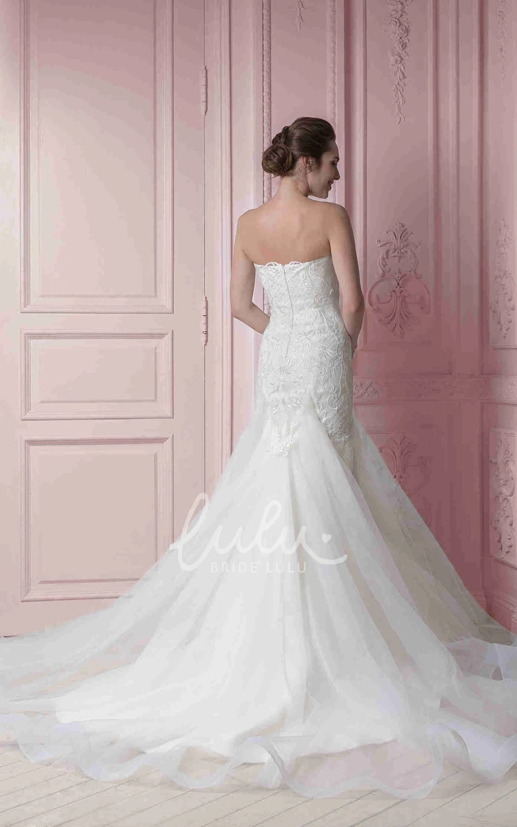 A-Line Embroidered Strapless Tulle Wedding Dress with Ruffles Floor-Length Sleeveless