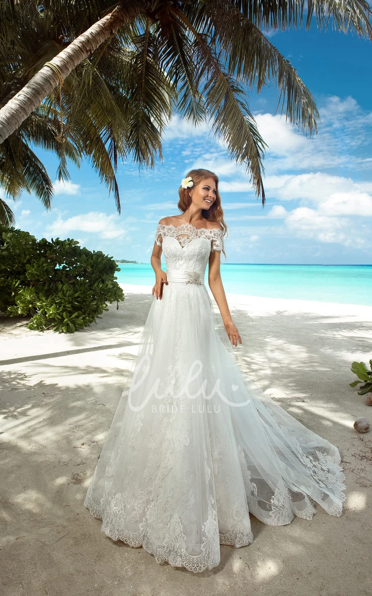 Cap-Sleeve Lace-Up Mermaid Wedding Dress with Sash and Appliques