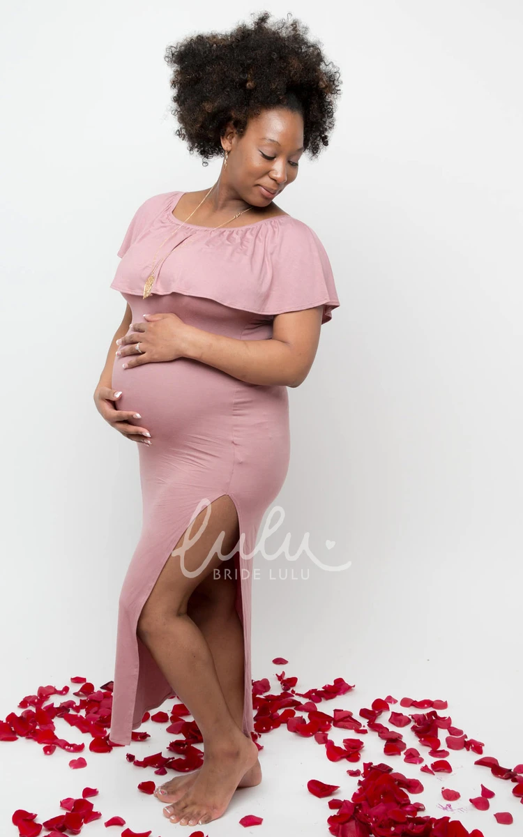 Maternity Sheath Dress with Split Front Bateau Neckline and Short Sleeves