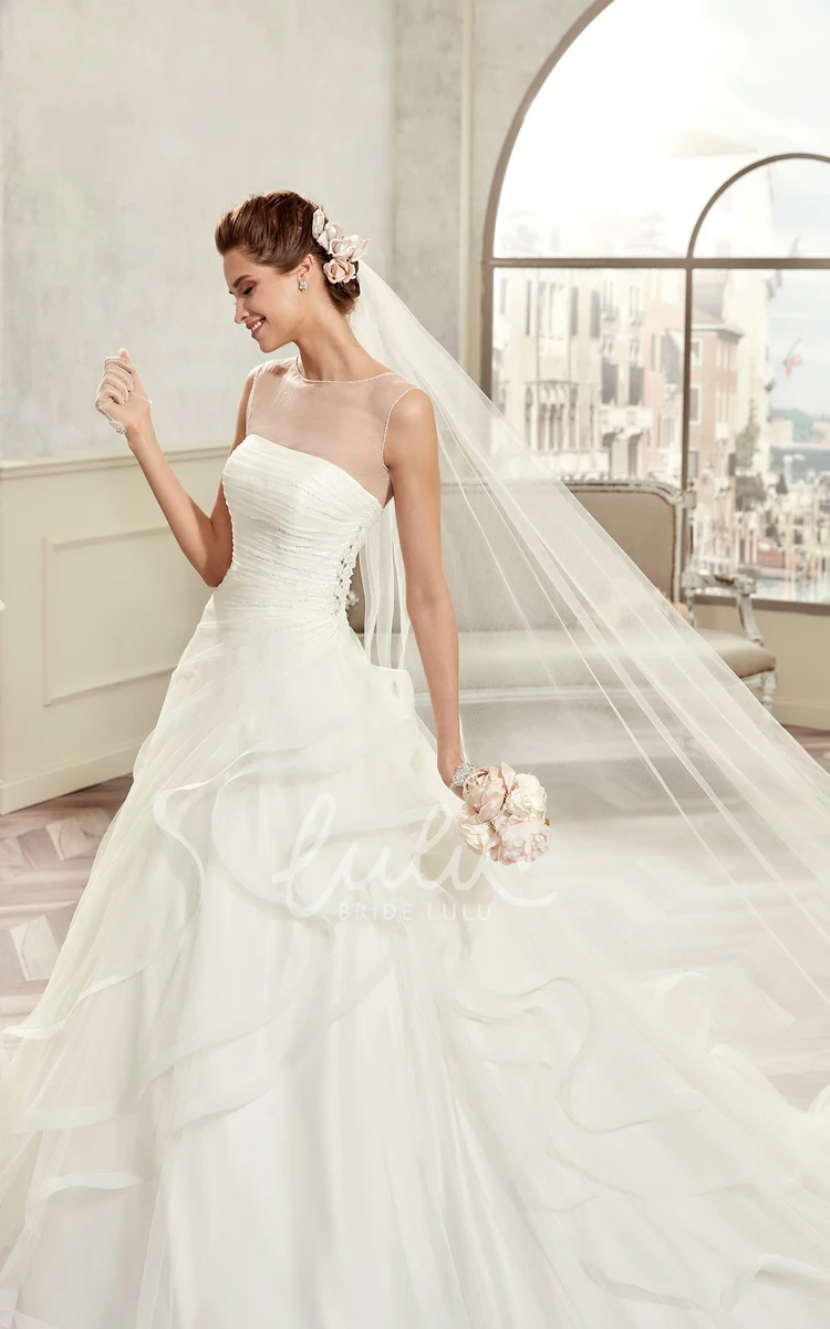 A-line Wedding Dress with Pleated Bodice and Ruffles Cap-sleeve Bridal Gown