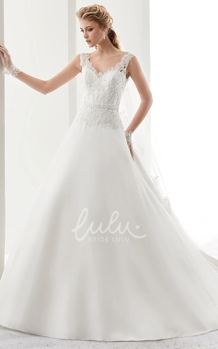 Lace Bodice A-Line Wedding Dress with V-Neckline and Back Bow Detail