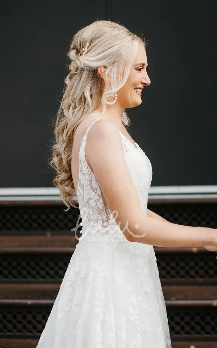 Sexy V-neck Spaghetti Neckline Garden Lace Petals Chiffon Bride Wedding Dress