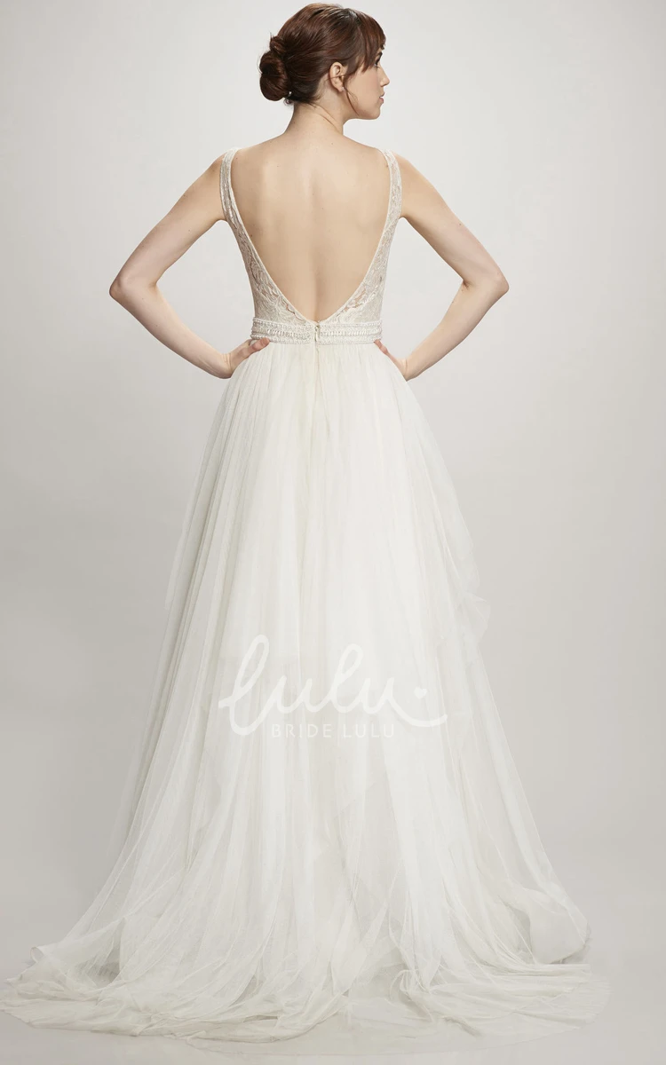 Appliqued Tulle&Lace A-Line Wedding Dress with Deep-V Back Unique Bridal Gown