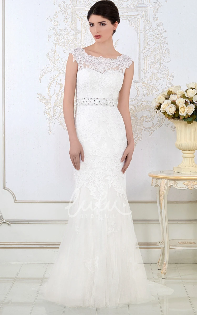 Sheath Lace Wedding Dress with Cap-Sleeves Bateau-Neck Waist Jewellery