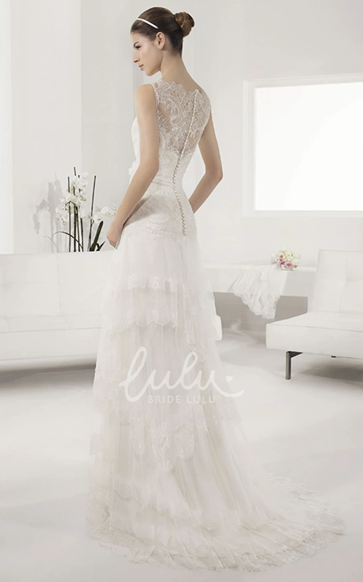 A-Line Tulle Gown with Sleeveless Bateau Neck Lace Bodice and Layered Skirt Lovely Bridal Dress