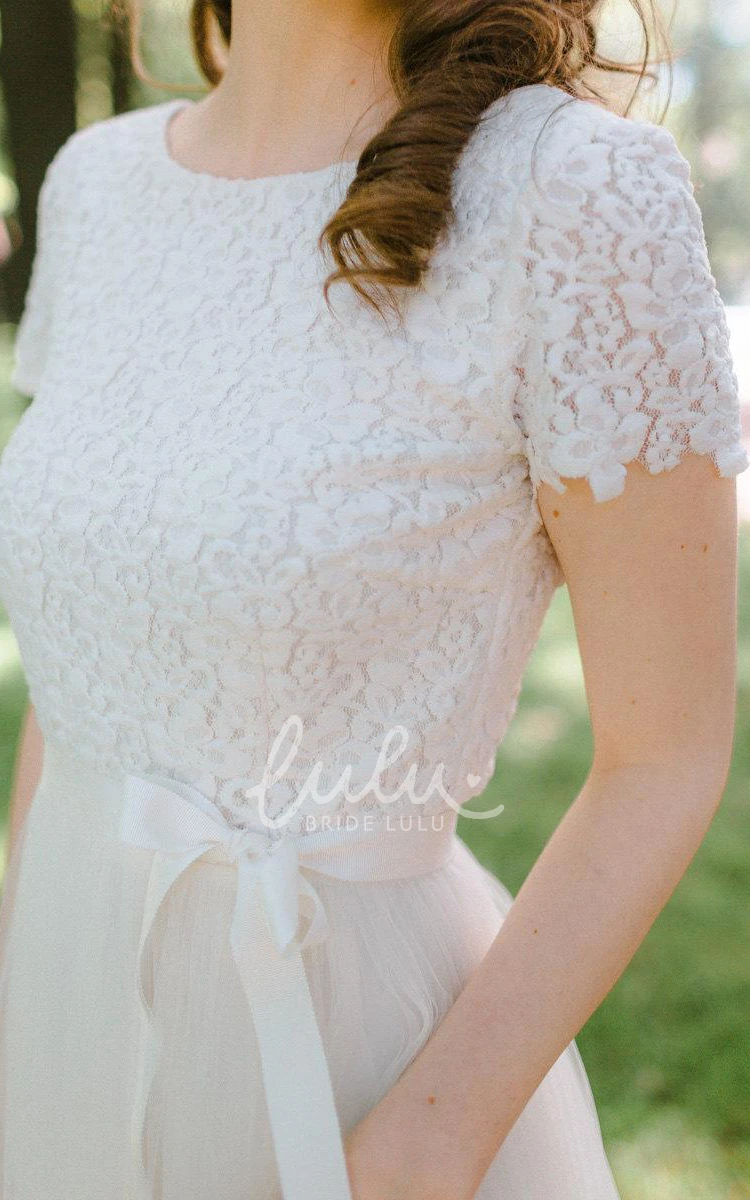 Short Sleeve Lace Bodice Tulle Wedding Dress with Jewel Neckline