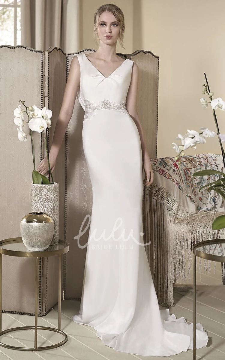 Appliqued V-Neck Sheath Wedding Dress with Sleeveless Floor-Length Design