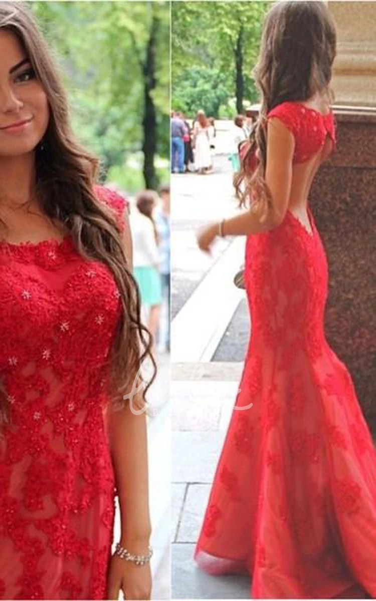 Red Mermaid Prom Dress with Lace Appliques Sexy Jewel Sweep Train