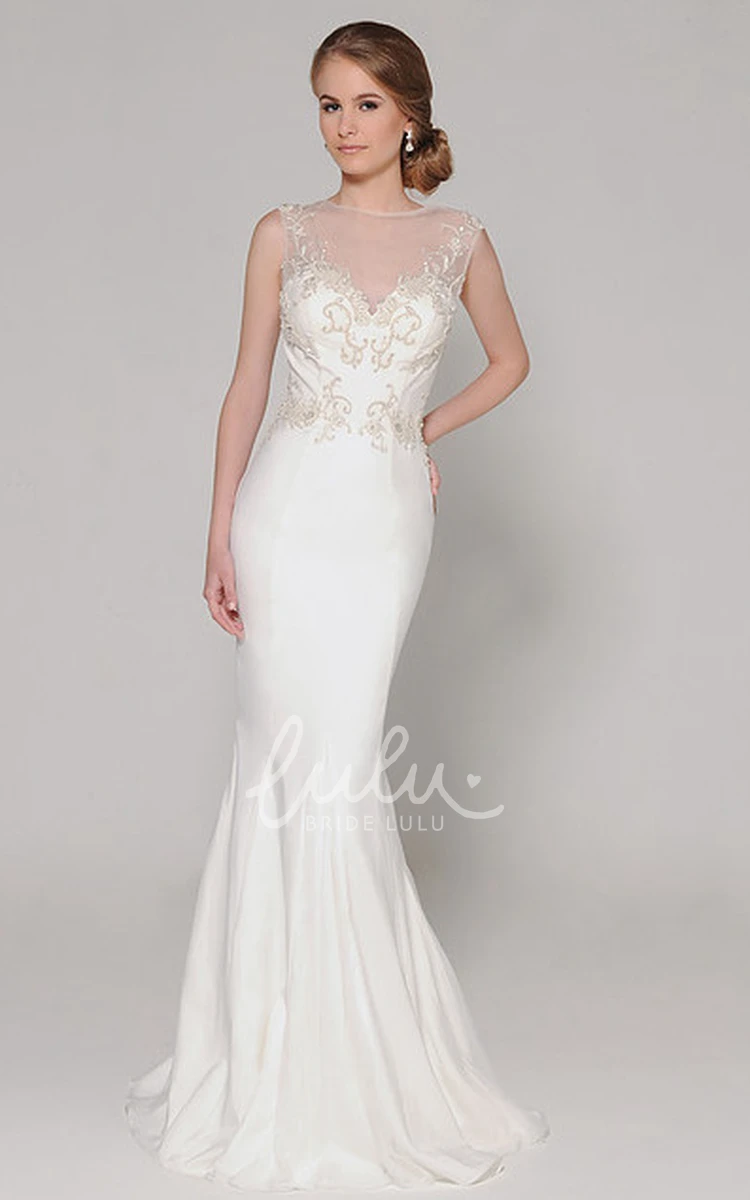 High Neck Chiffon Wedding Dress with Beading and Brush Train Flowy Bridal Gown