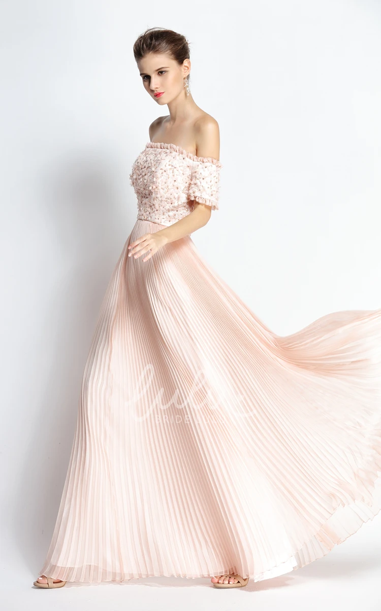 A-Line Off-the-shoulder Chiffon Prom Dress with Beading Knee-length Short Sleeve