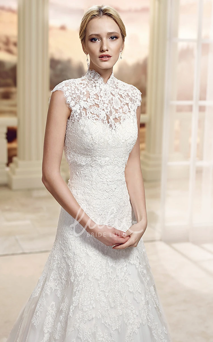 A-Line High-Neck Appliqued Lace Floor-Length Wedding Dress