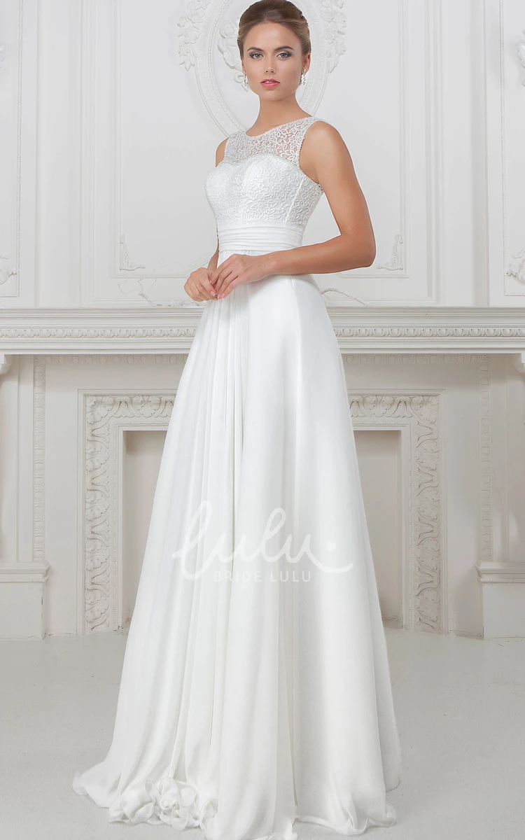 Lace Sleeveless A-Line Wedding Dress with Pleats Long Scoop-Neck