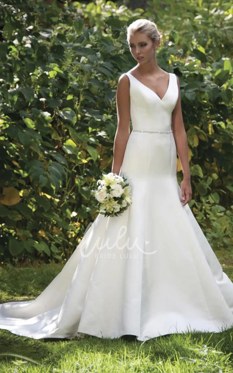 Satin V-Neck Wedding Dress with Waist Jewelry and Deep-V Back A-Line Wedding Dress