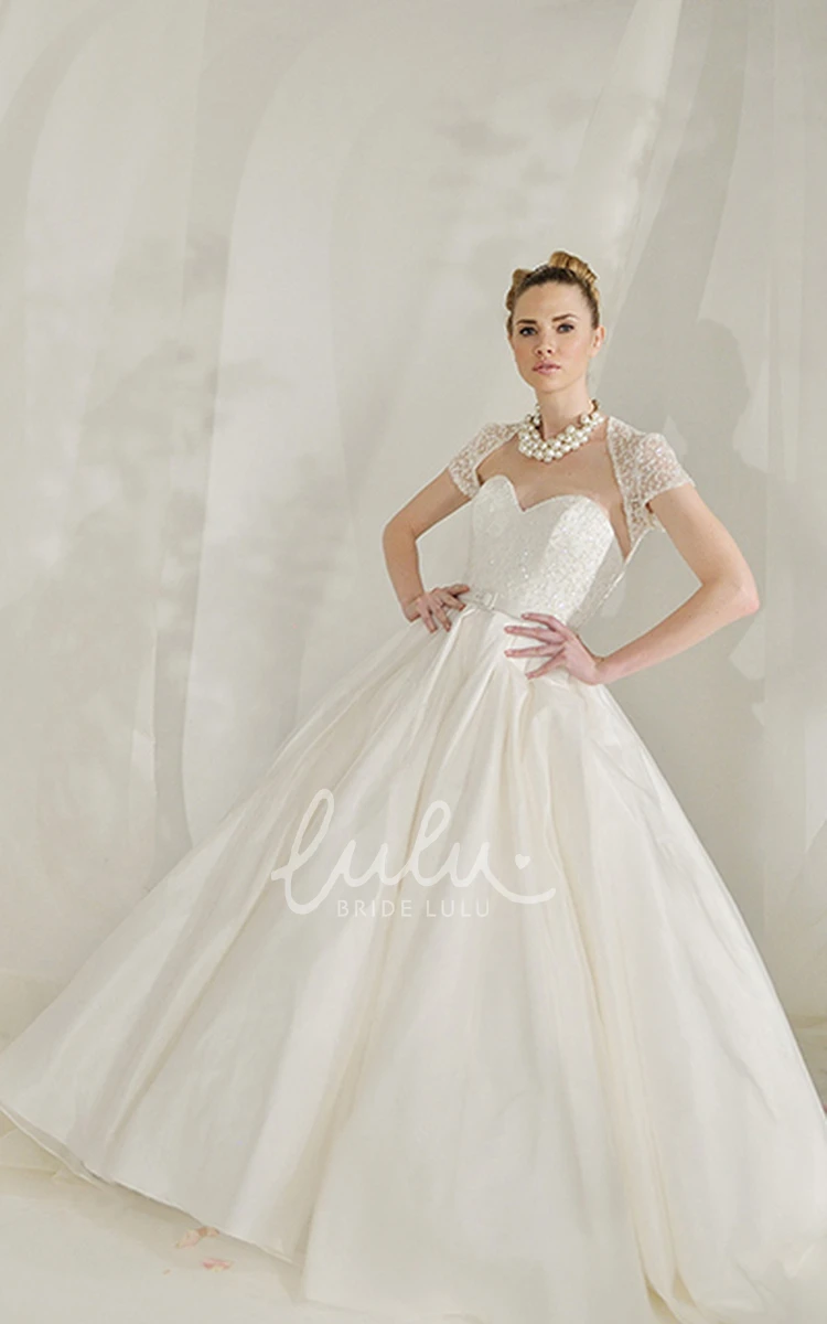 Cap-Sleeve Satin A-Line Wedding Dress with Beaded Sweetheart Neckline