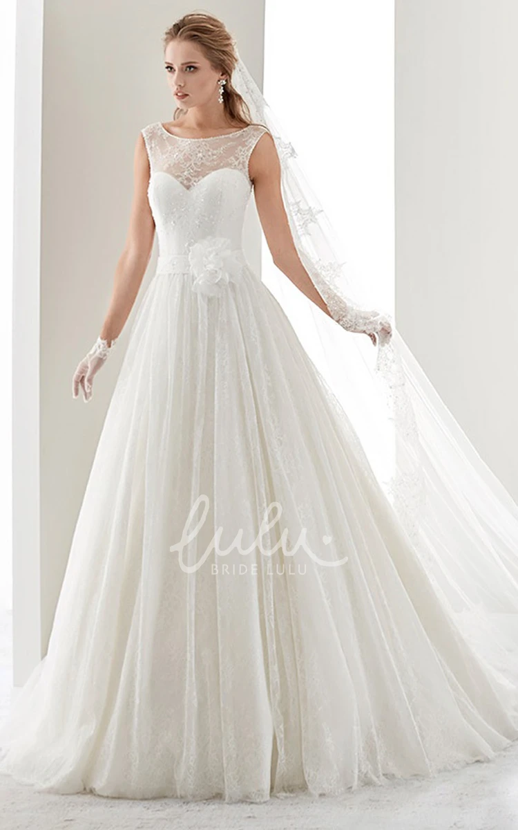 Jewel Neckline Draping Wedding Dress with Flower Waist and Illusion Cap Sleeves