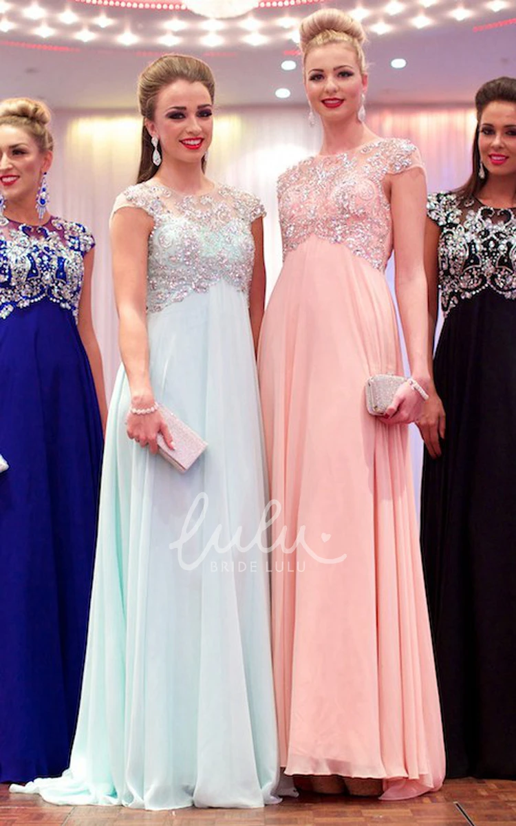 Beaded Chiffon Prom Dress Cap-Sleeve Floor-Length Jewel-Neck Empire A-Line