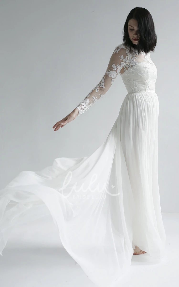 Vintage High Neck Lace Chiffon Wedding Dress with Long Sleeves